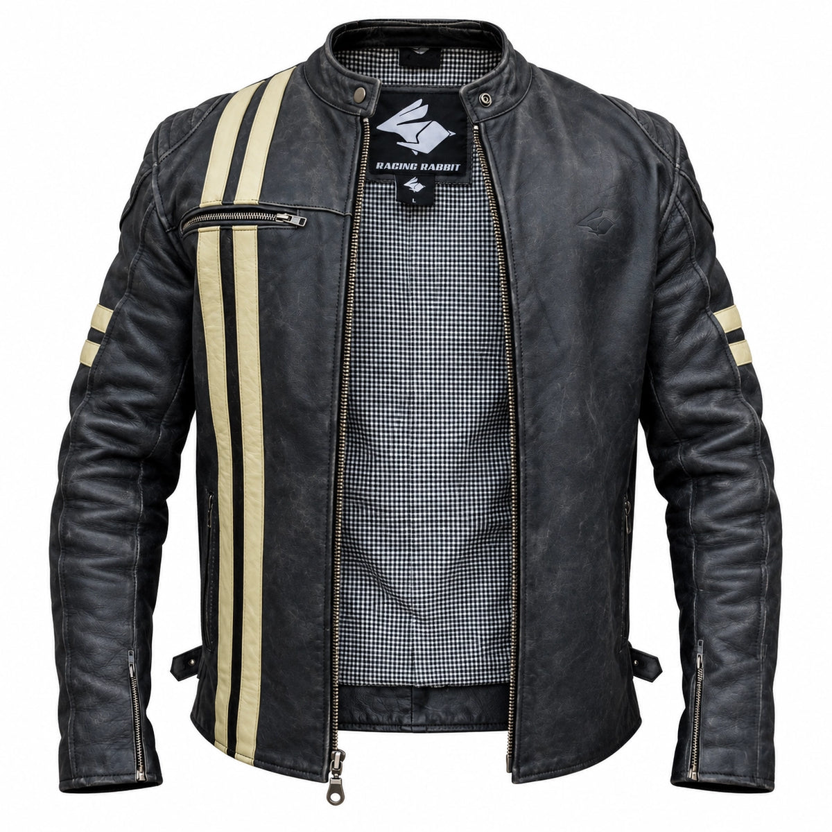 Jaqueta de Moto em Couro Racing Rabbit OLD SCHOOL Vintage com Proteções para Motociclista