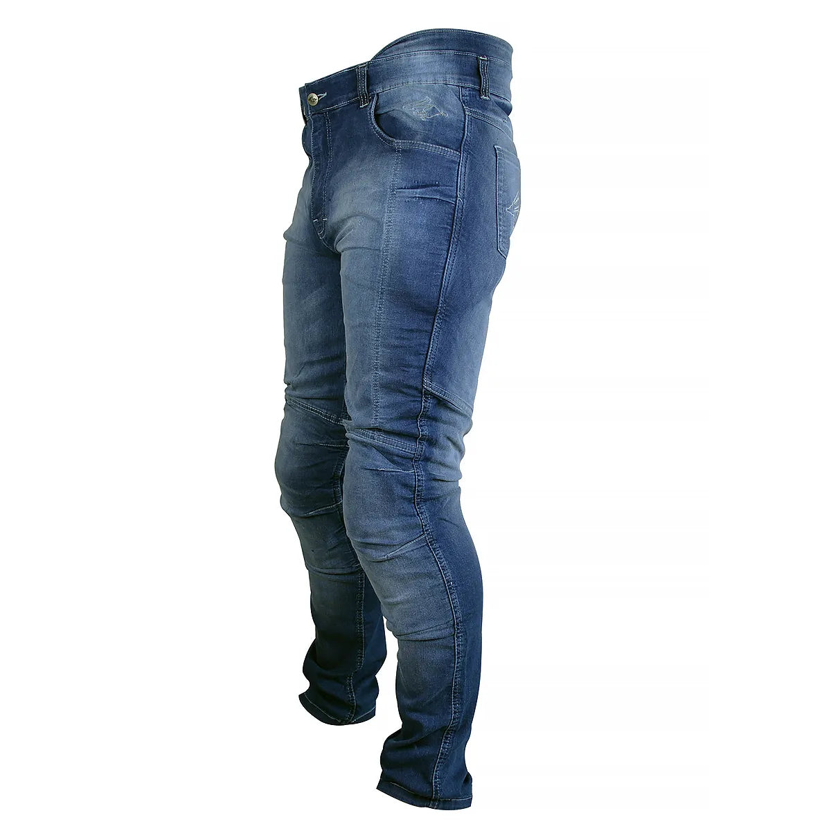 Calça Jeans Motociclista com Kevlar e Proteções Internas de Joelhos e Quadril, marca Racing Rabbit modelo Corsair, cor azul, masculina.