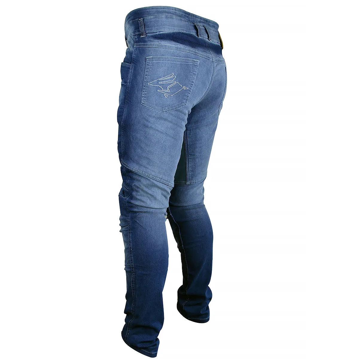Calça Jeans Motociclista com Kevlar e Proteções Internas de Joelhos e Quadril, marca Racing Rabbit modelo Corsair, cor azul, masculina.
