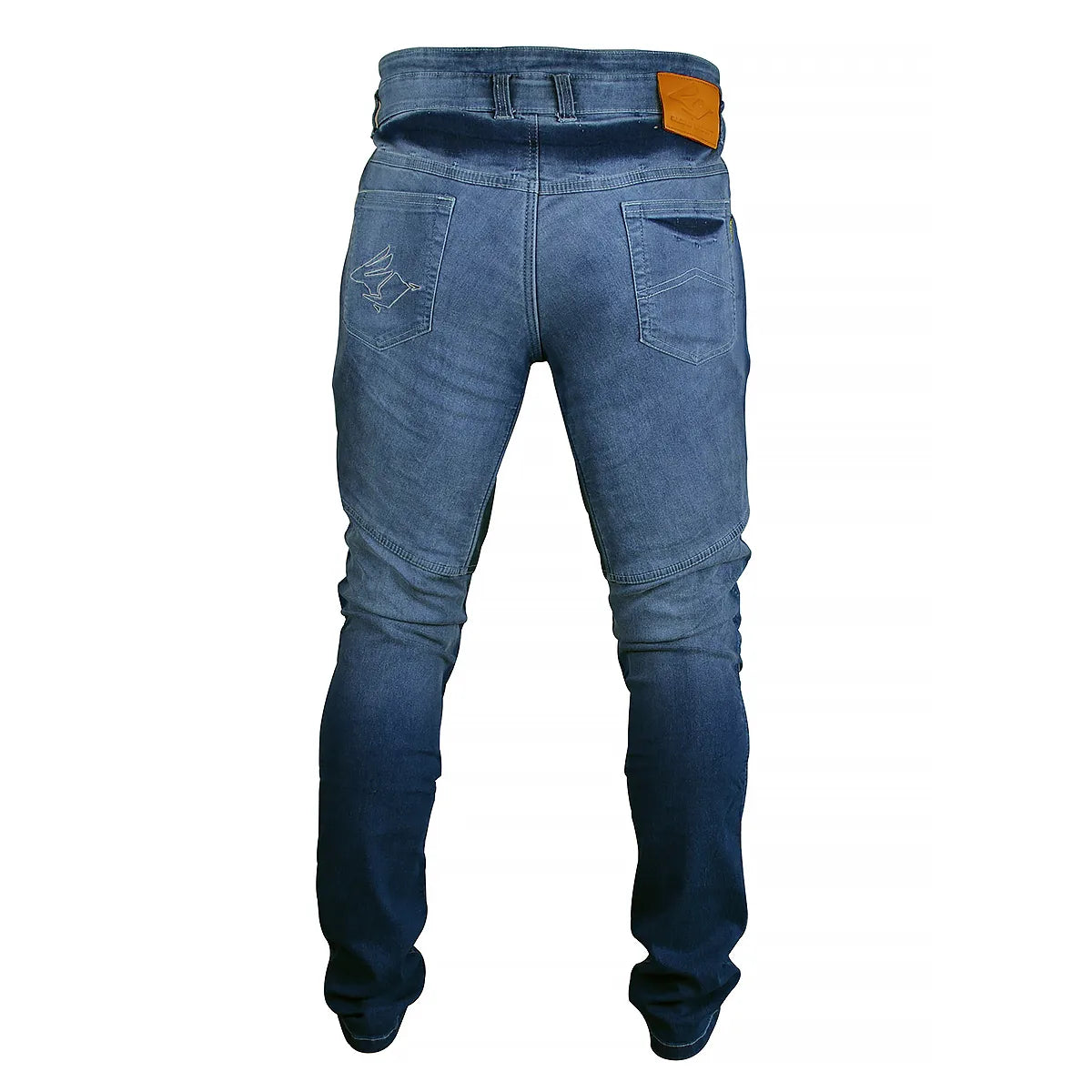 Calça Jeans Motociclista com Kevlar e Proteções Internas de Joelhos e Quadril, marca Racing Rabbit modelo Corsair, cor azul, masculina.
