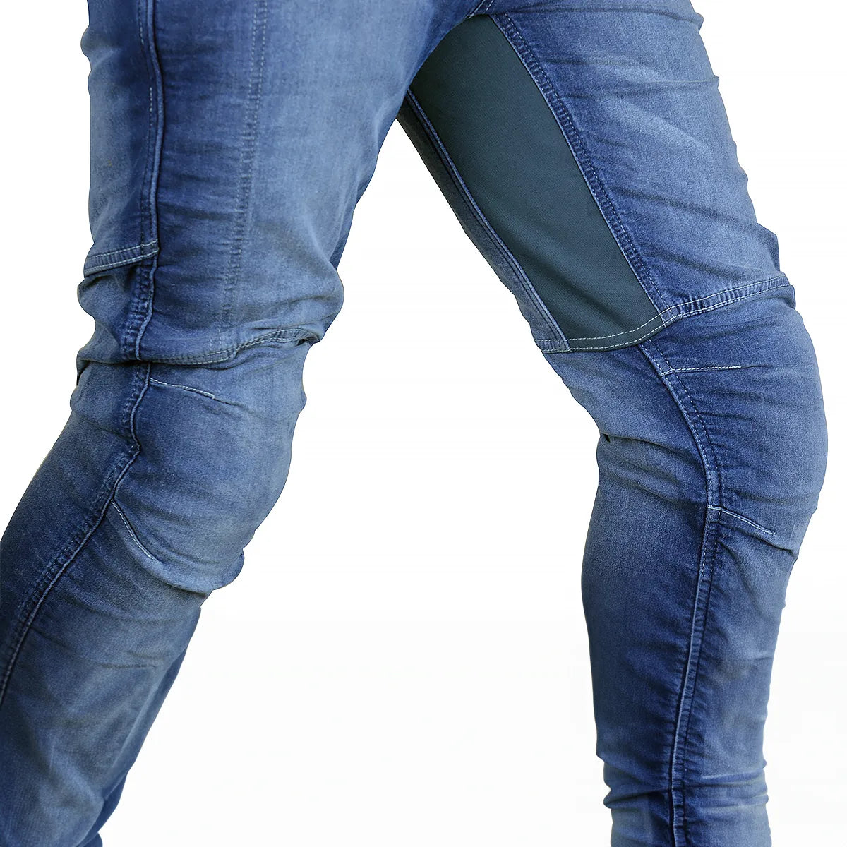 Calça Jeans Motociclista com Kevlar e Proteções Internas de Joelhos e Quadril, marca Racing Rabbit modelo Corsair, cor azul, masculina.