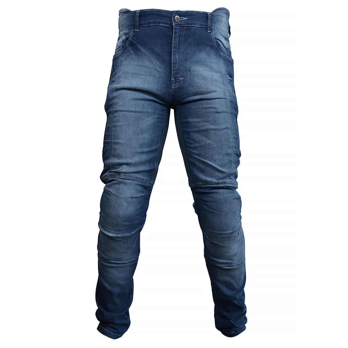 Calça Jeans Motociclista com Kevlar e Proteções Internas de Joelhos e Quadril, marca Racing Rabbit modelo Corsair, cor azul, masculina.