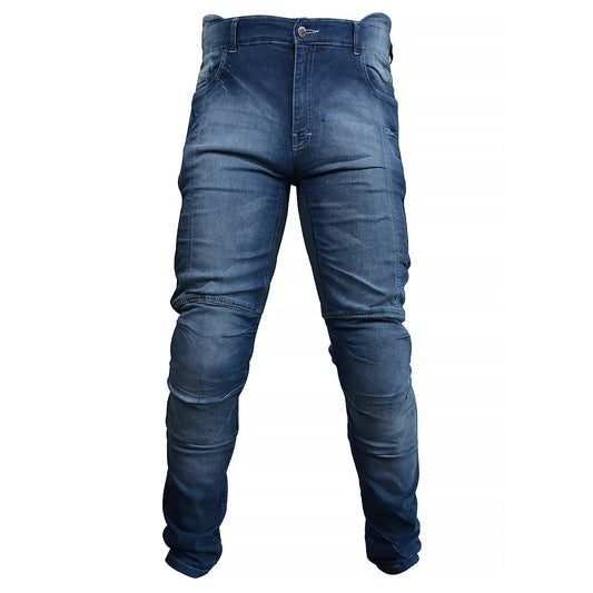 Calça Jeans Motociclista com Kevlar e Proteções Internas de Joelhos e Quadril, marca Racing Rabbit modelo Corsair, cor azul, masculina.