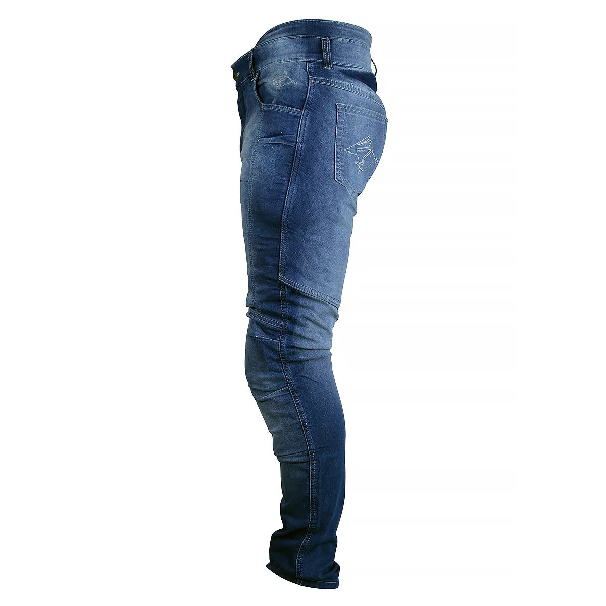 Calça Jeans Motociclista com Kevlar e Proteções Internas de Joelhos e Quadril, marca Racing Rabbit modelo Corsair, cor azul, masculina.