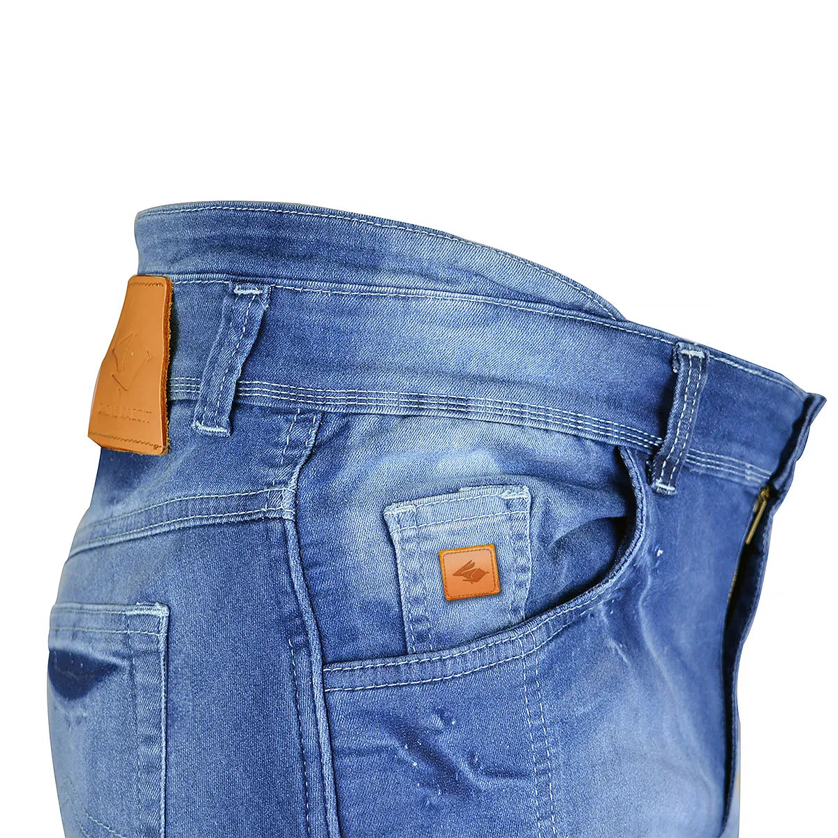 Calça Jeans Motociclista com Kevlar e Proteções Internas de Joelhos e Quadril, marca Racing Rabbit modelo Corsair, cor azul, masculina.