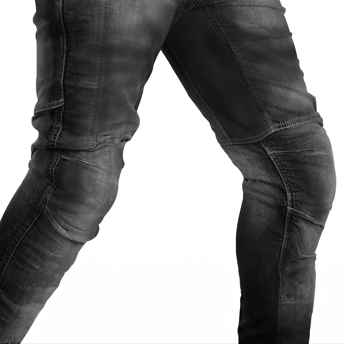 Calça Jeans Motociclista com Kevlar e Proteções Internas de Joelhos e Quadril, marca Racing Rabbit modelo Corsair, cor preta, masculina.