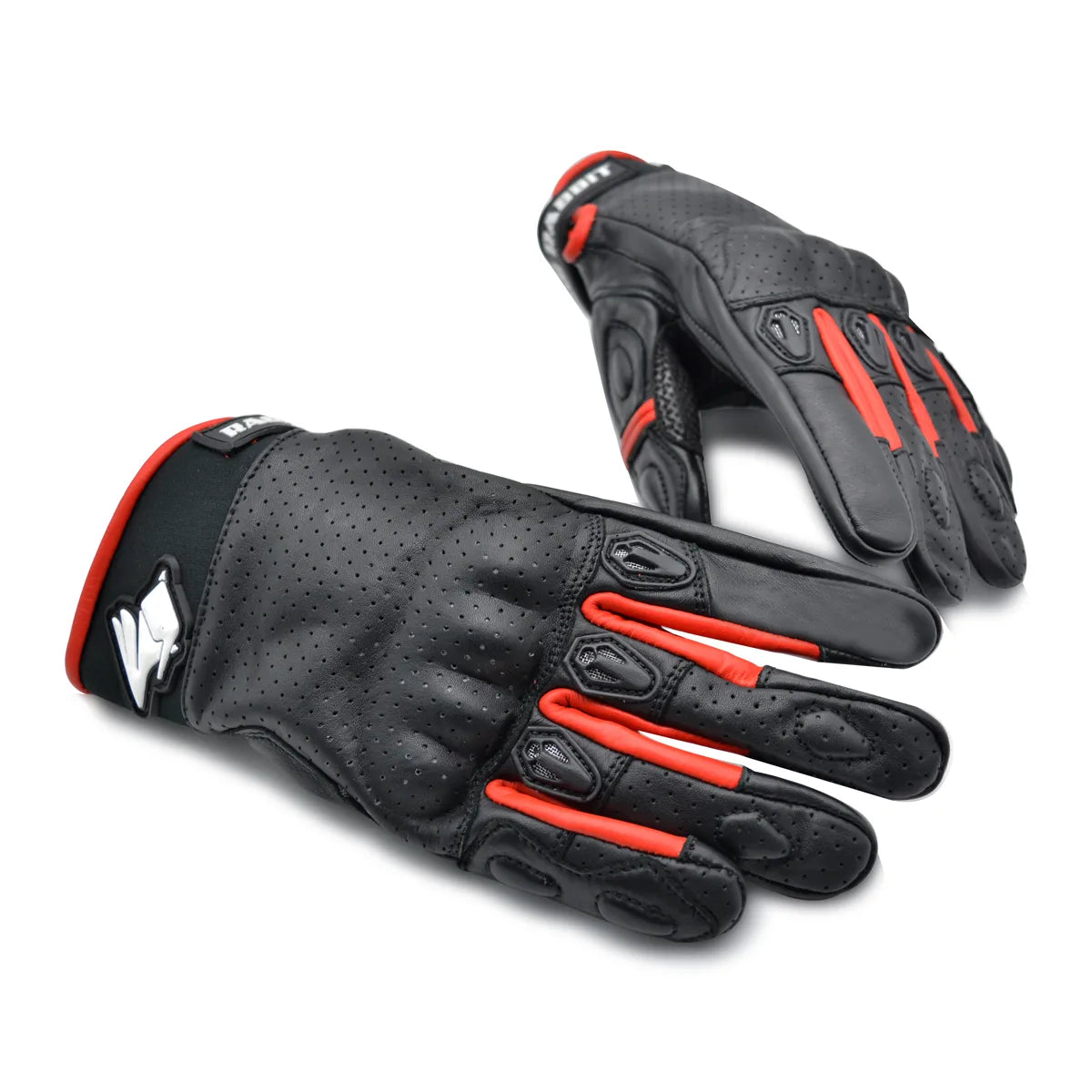 Luva Motociclista Racing Rabbit modelo Ace, couro, cor preta e vermelha, ventilada com proteções, masculina.
