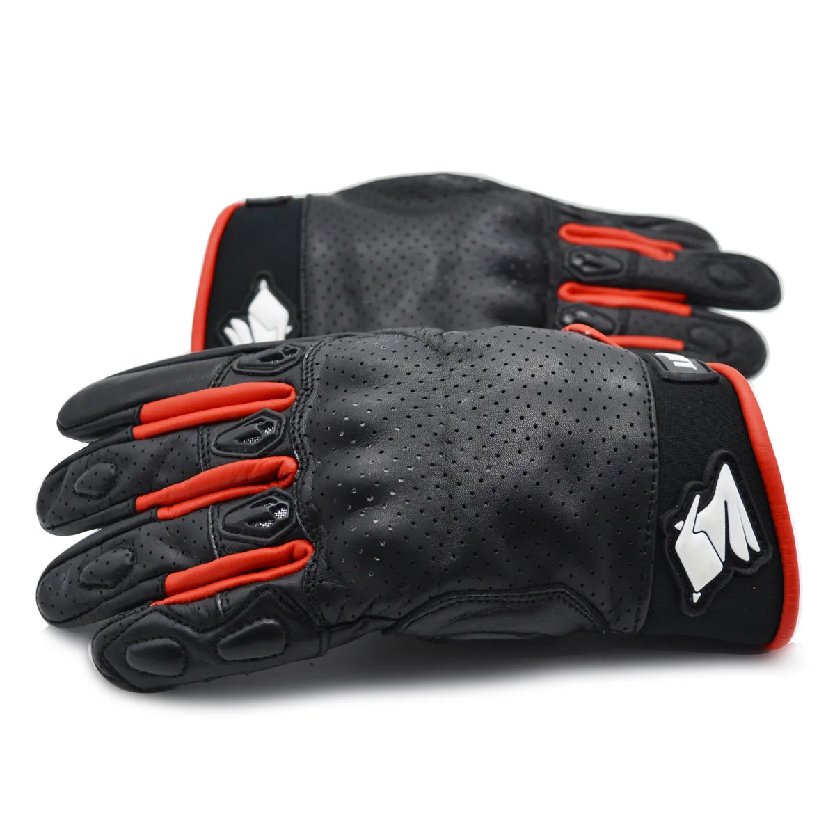 Luva Motociclista Racing Rabbit modelo Ace, couro, cor preta e vermelha, ventilada com proteções, masculina.