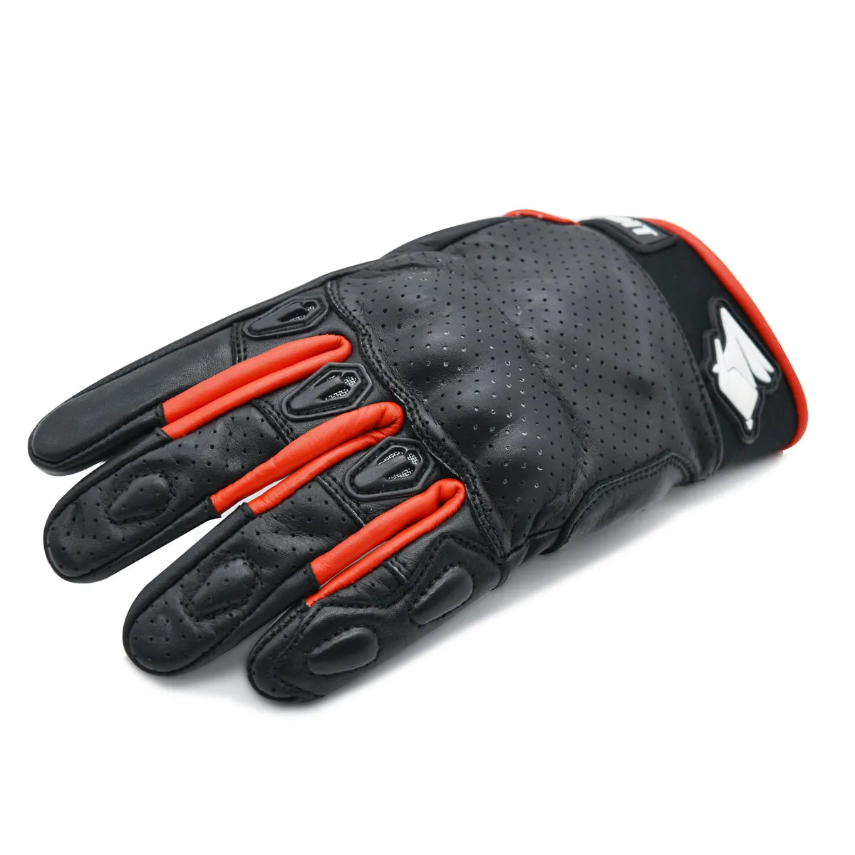 Luva Motociclista Racing Rabbit modelo Ace, couro, cor preta e vermelha, ventilada com proteções, masculina.