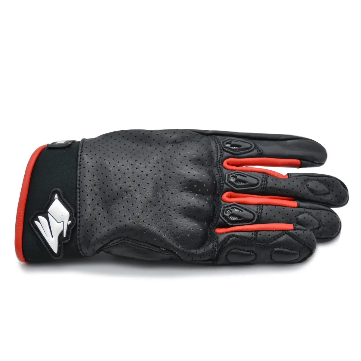 Luva Motociclista Racing Rabbit modelo Ace, couro, cor preta e vermelha, ventilada com proteções, masculina.