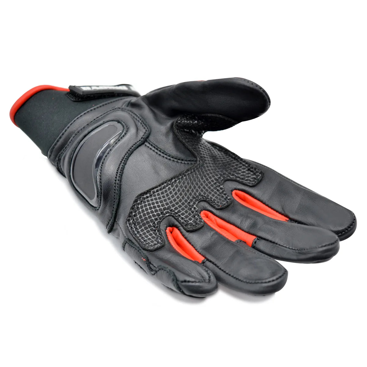 Luva Motociclista Racing Rabbit modelo Ace, couro, cor preta e vermelha, ventilada com proteções, masculina.