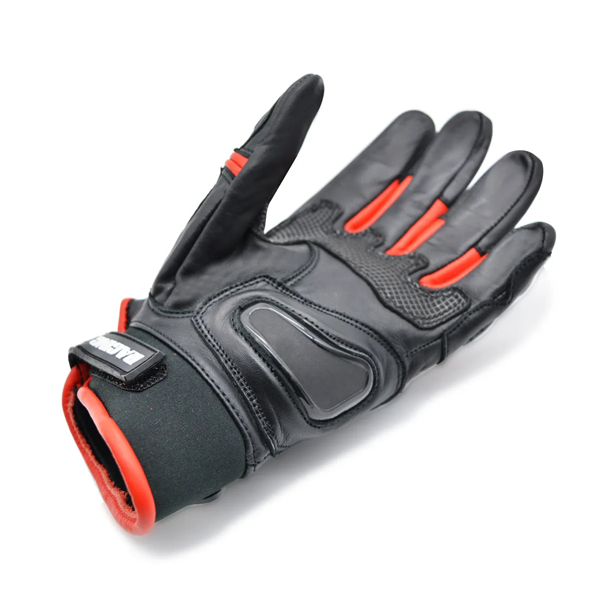 Luva Motociclista Racing Rabbit modelo Ace, couro, cor preta e vermelha, ventilada com proteções, masculina.