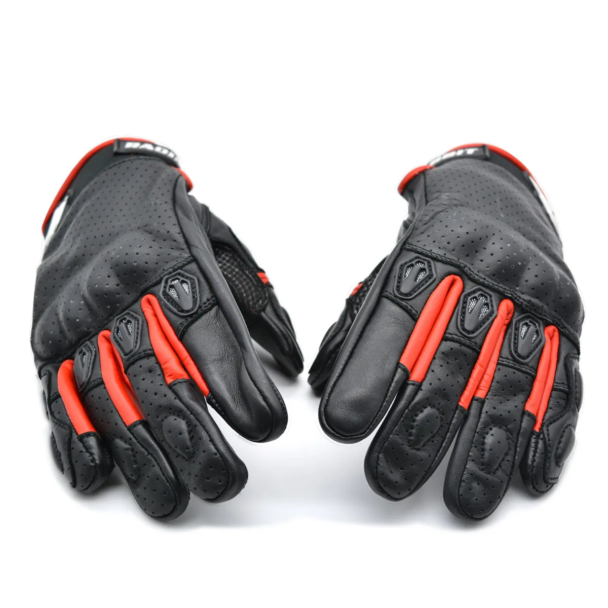 Luva Motociclista Racing Rabbit modelo Ace, couro, cor preta e vermelha, ventilada com proteções, masculina.