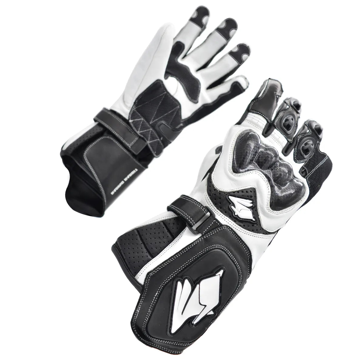 Luva Motociclista Racing Rabbit modelo Strike, couro, cor preta e branca , ventilada com proteções em fibra de carbono, punho longo, esportiva, masculina.