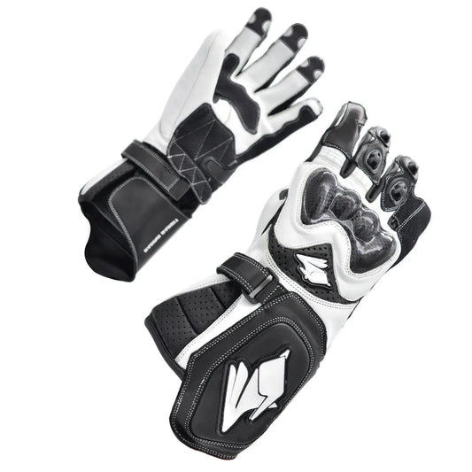 Luva Motociclista Racing Rabbit modelo Strike, couro, cor preta e branca , ventilada com proteções em fibra de carbono, punho longo, esportiva, masculina.