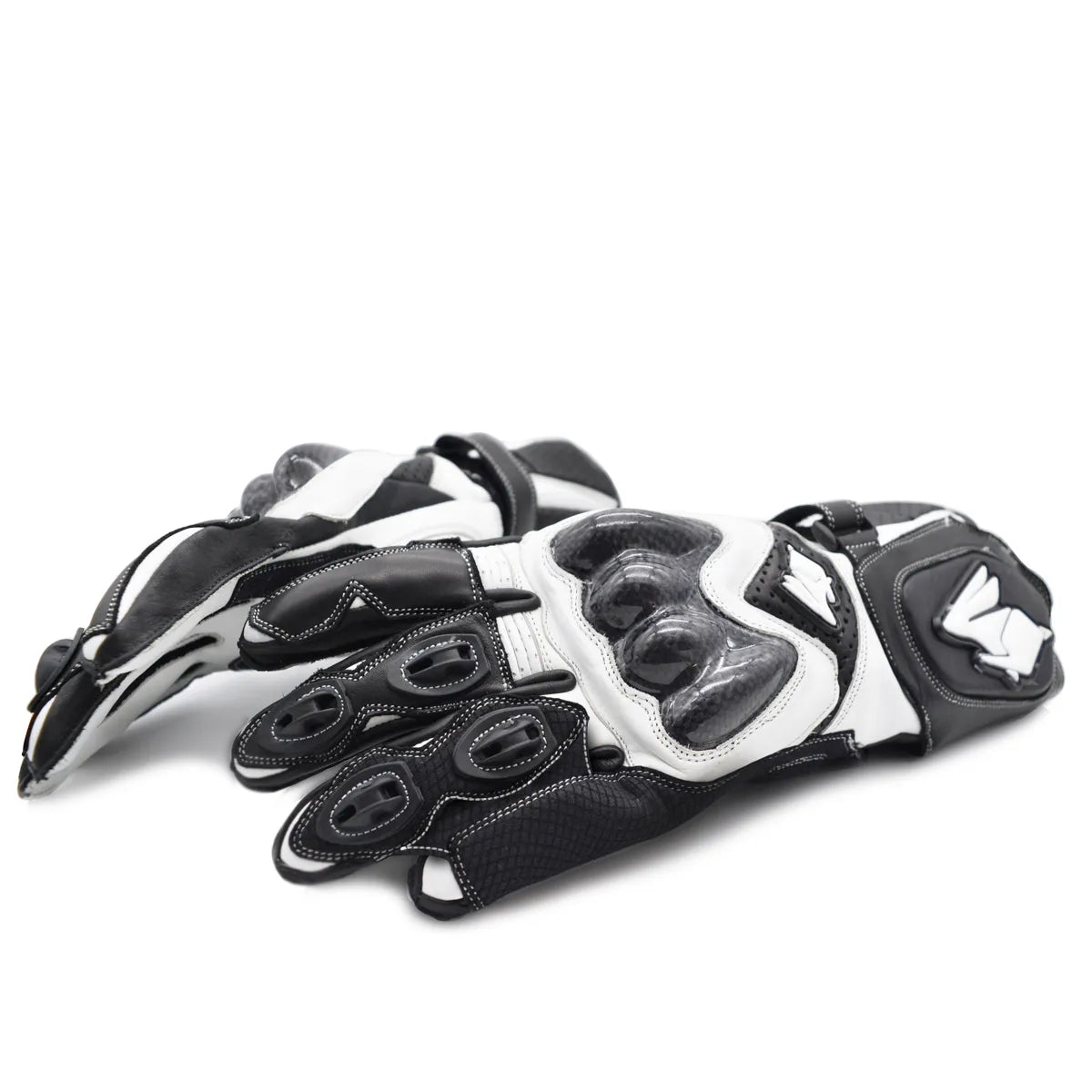 Luva Motociclista Racing Rabbit modelo Strike, couro, cor preta e branca , ventilada com proteções em fibra de carbono, punho longo, esportiva, masculina.