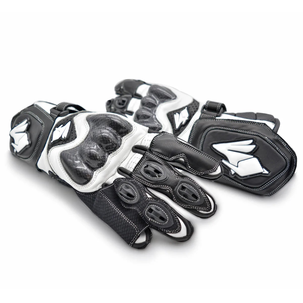 Luva Motociclista Racing Rabbit modelo Strike, couro, cor preta e branca , ventilada com proteções em fibra de carbono, punho longo, esportiva, masculina.