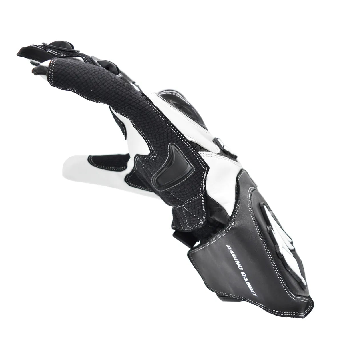 Luva Motociclista Racing Rabbit modelo Strike, couro, cor preta e branca , ventilada com proteções em fibra de carbono, punho longo, esportiva, masculina.