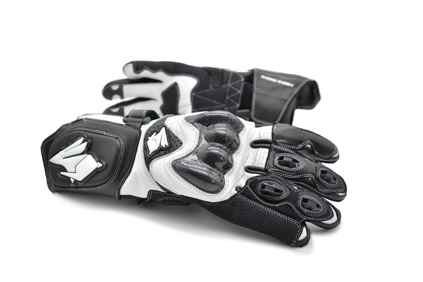 Luva Motociclista Racing Rabbit modelo Strike, couro, cor preta e branca , ventilada com proteções em fibra de carbono, punho longo, esportiva, masculina.