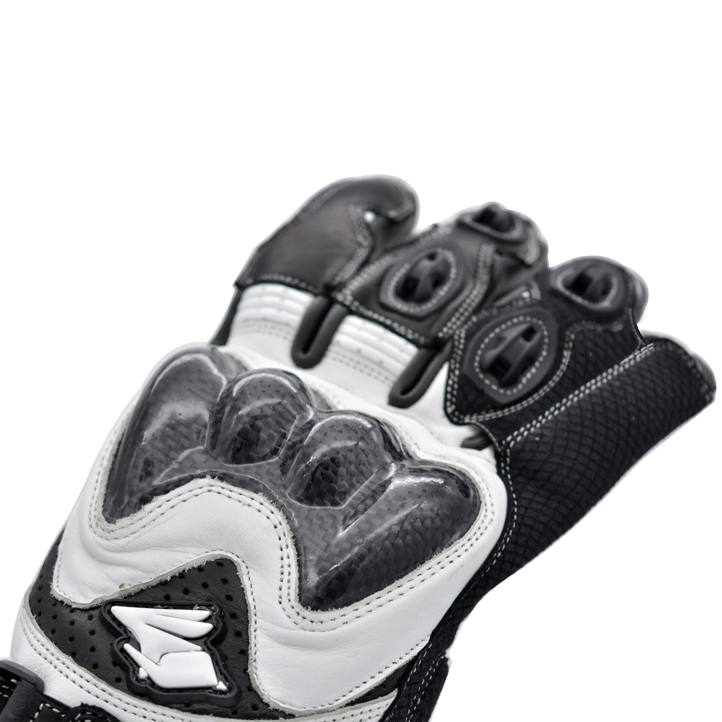 Luva Motociclista Racing Rabbit modelo Strike, couro, cor preta e branca , ventilada com proteções em fibra de carbono, punho longo, esportiva, masculina.