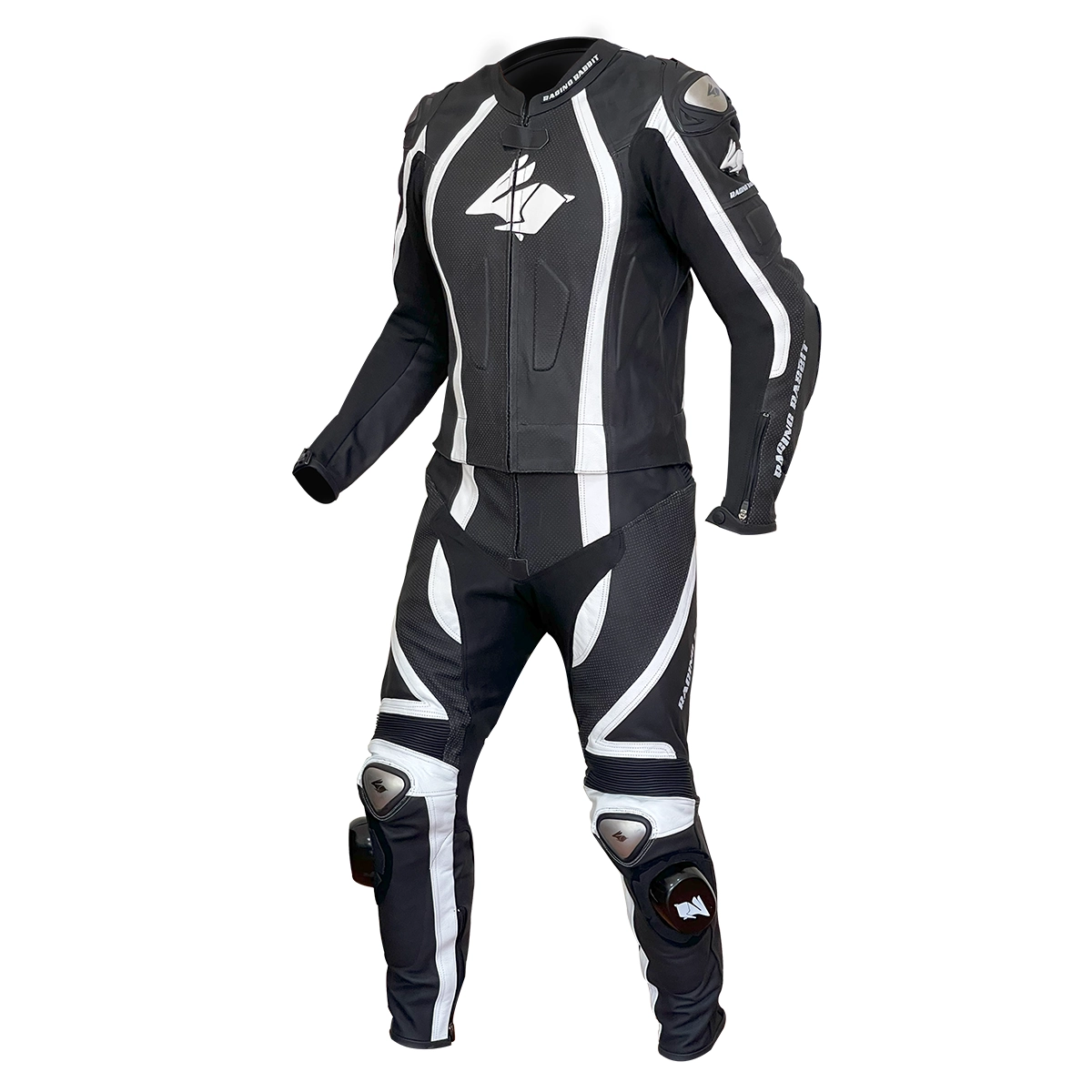 Macacão Motociclista Racing Rabbit Modelo Vortex 2 peças em couro bovino, com proteções interna C.E, Proteções externas metálicas, couro ventilado, painéis em elastano. Maximo de conforto e segurança para pilotar sua motocicleta.