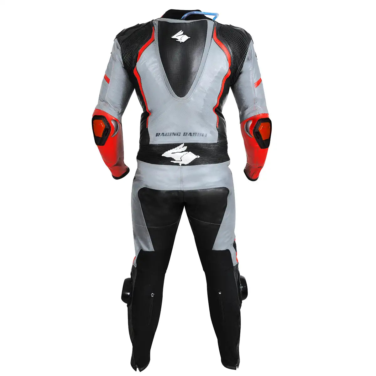 Macacao Motociclista Racing Rabbit Razor Esportivo em Couro Ventilado com Proteções Moto Racing Speed 1 peça, prateado e vermelho, masculino.