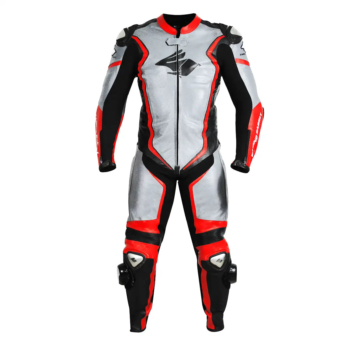 Macacao Motociclista Racing Rabbit Razor Esportivo em Couro Ventilado com Proteções Moto Racing Speed 1 peça, prateado e vermelho, masculino.