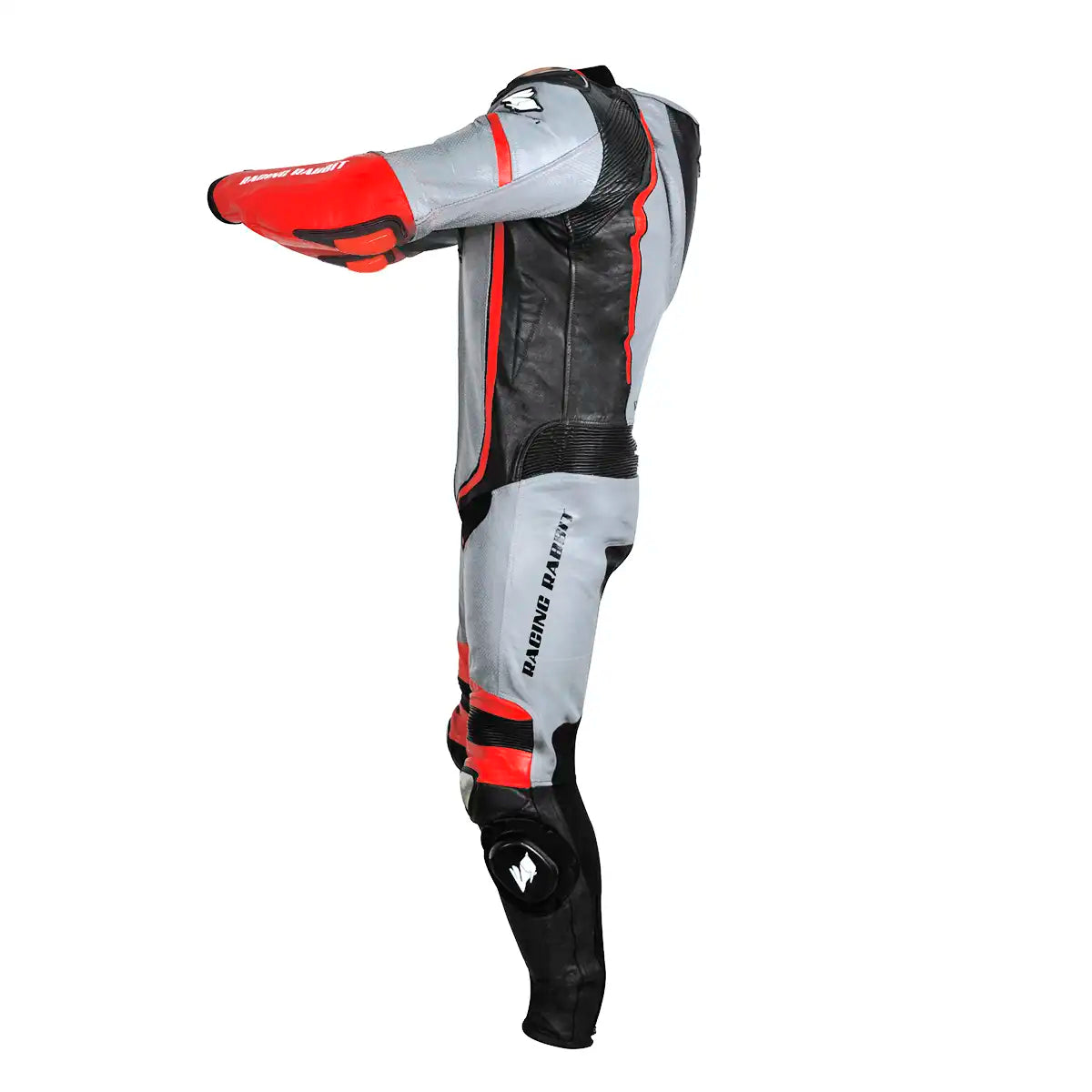 Macacao Motociclista Racing Rabbit Razor Esportivo em Couro Ventilado com Proteções Moto Racing Speed 1 peça, prateado e vermelho, masculino.
