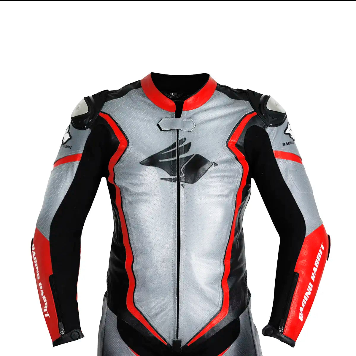 Macacao Motociclista Racing Rabbit Razor Esportivo em Couro Ventilado com Proteções Moto Racing Speed 1 peça, prateado e vermelho, masculino.