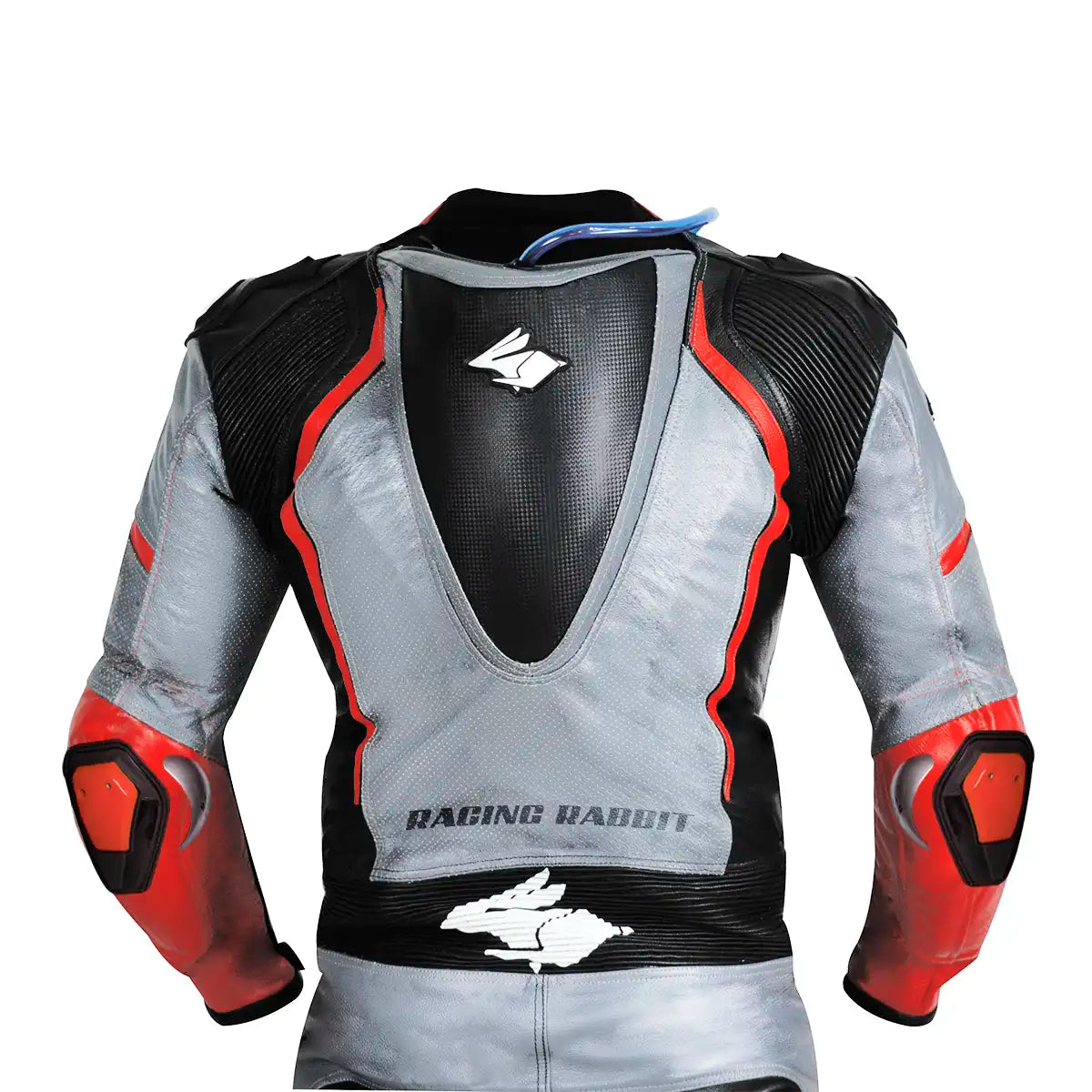 Macacao Motociclista Racing Rabbit Razor Esportivo em Couro Ventilado com Proteções Moto Racing Speed 1 peça, prateado e vermelho, masculino.