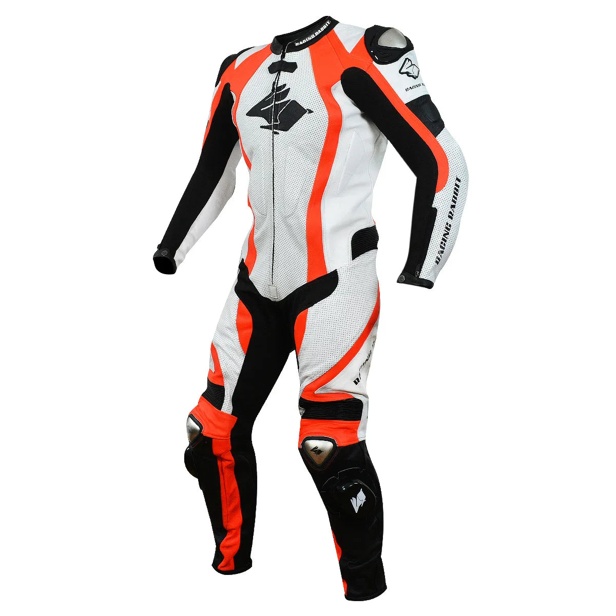 Macacao Motociclista Racing Rabbit Energy Esportivo em Couro Ventilado com Proteções Moto Racing Speed 1 peça, branco e laranja, masculino.