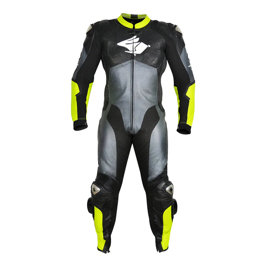 Macacao Motociclista Racing Rabbit Rush Esportivo em Couro Ventilado com Proteções Moto Racing Speed 1 peça, prateado e amarelo, masculino.