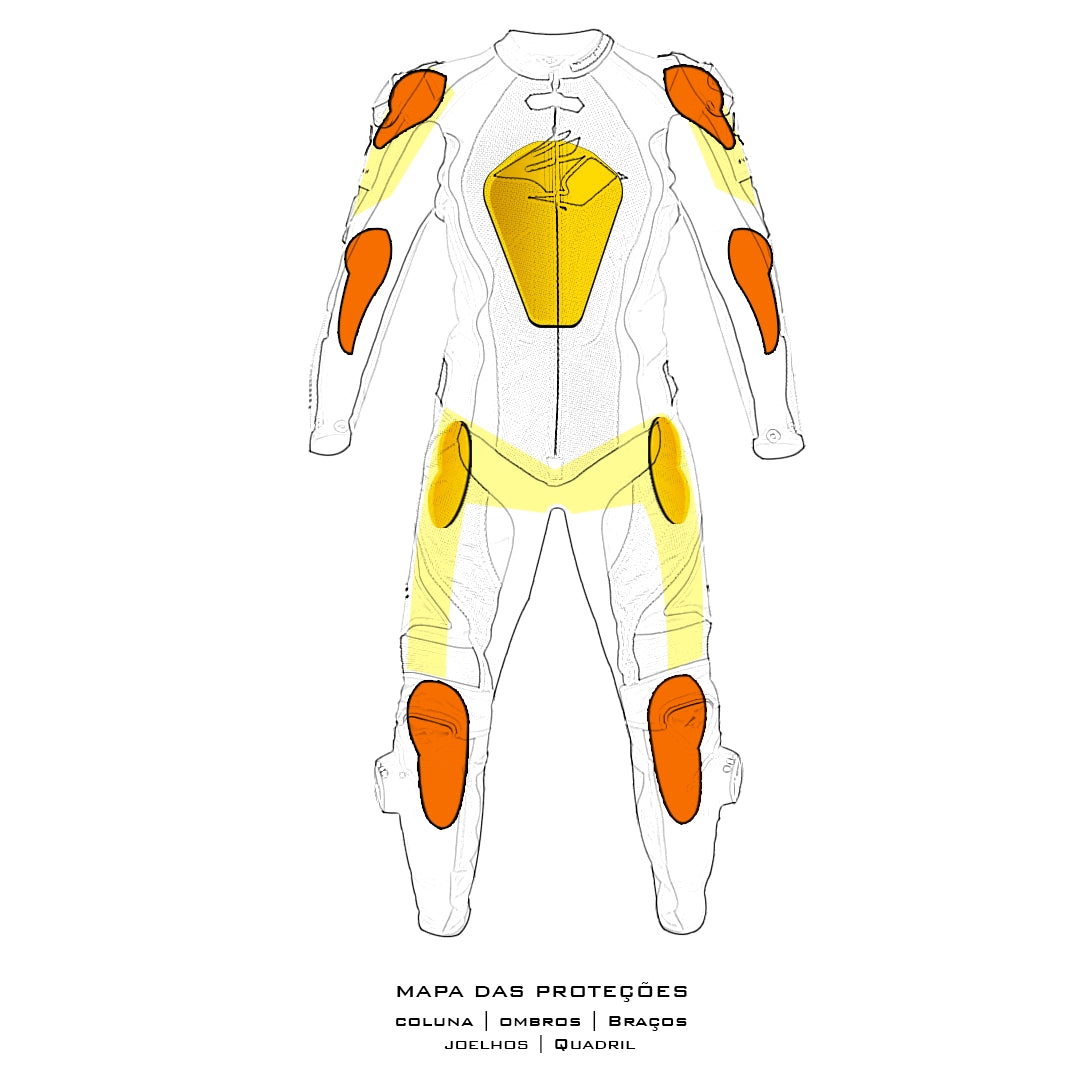 Macacao Motociclista Racing Rabbit Energy Esportivo em Couro Ventilado com Proteções Moto Racing Speed 1 peça, branco e laranja, masculino.