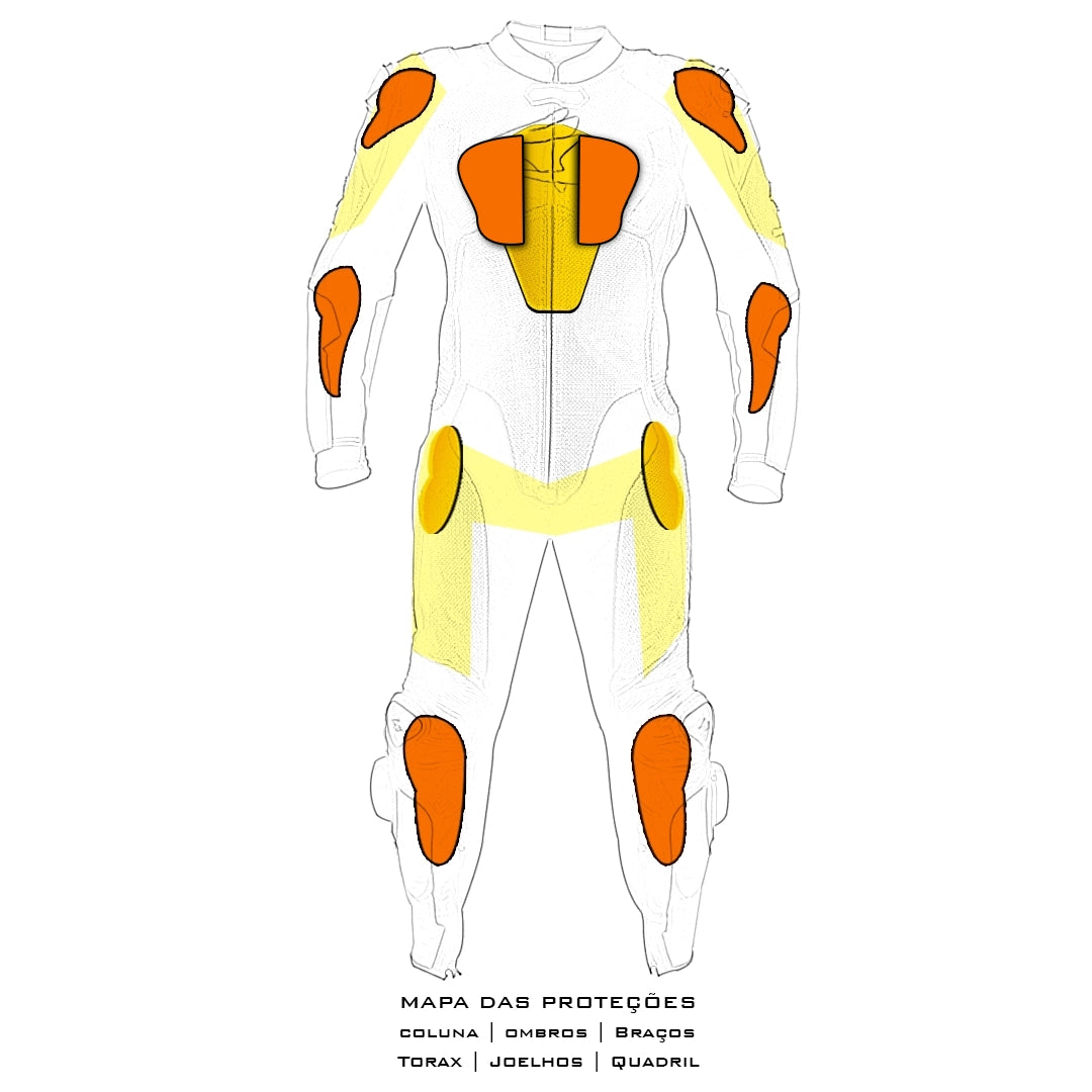 Macacao Motociclista Racing Rabbit Rush Esportivo em Couro Ventilado com Proteções Moto Racing Speed 1 peça, prateado e amarelo, masculino.