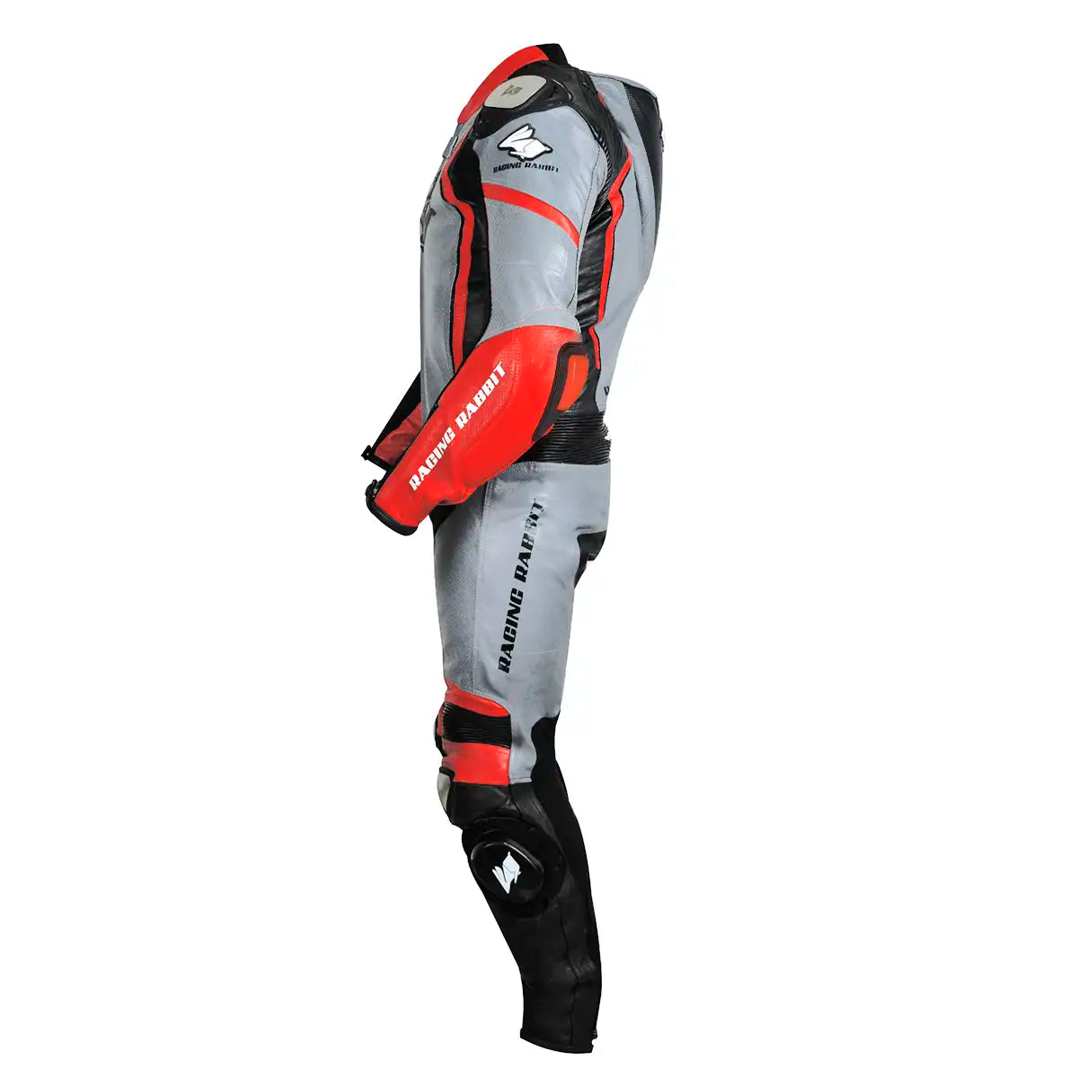 Macacao Motociclista Racing Rabbit Razor Esportivo em Couro Ventilado com Proteções Moto Racing Speed 1 peça, prateado e vermelho, masculino.