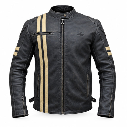 Jaqueta de Moto em Couro Racing Rabbit OLD SCHOOL Vintage com Proteções para Motociclista
