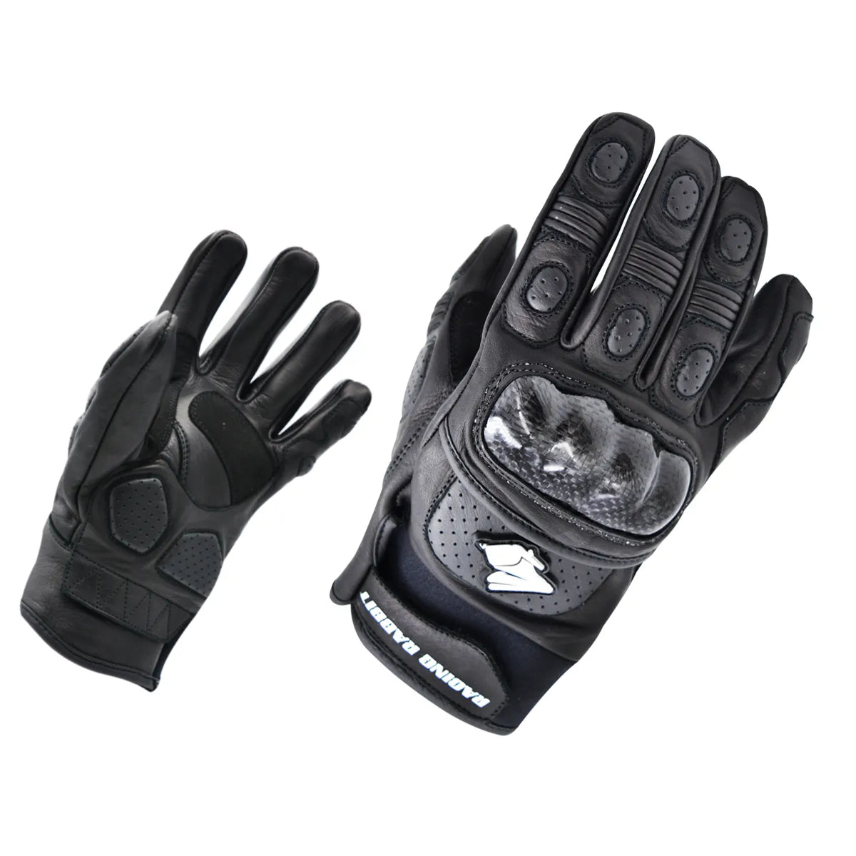 Luva Motociclista Racing Rabbit modelo Rapid, couro, cor preta , ventilada com proteções, masculina.