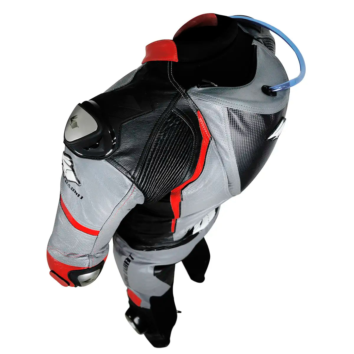 Macacao Motociclista Racing Rabbit Razor Esportivo em Couro Ventilado com Proteções Moto Racing Speed 1 peça, prateado e vermelho, masculino.