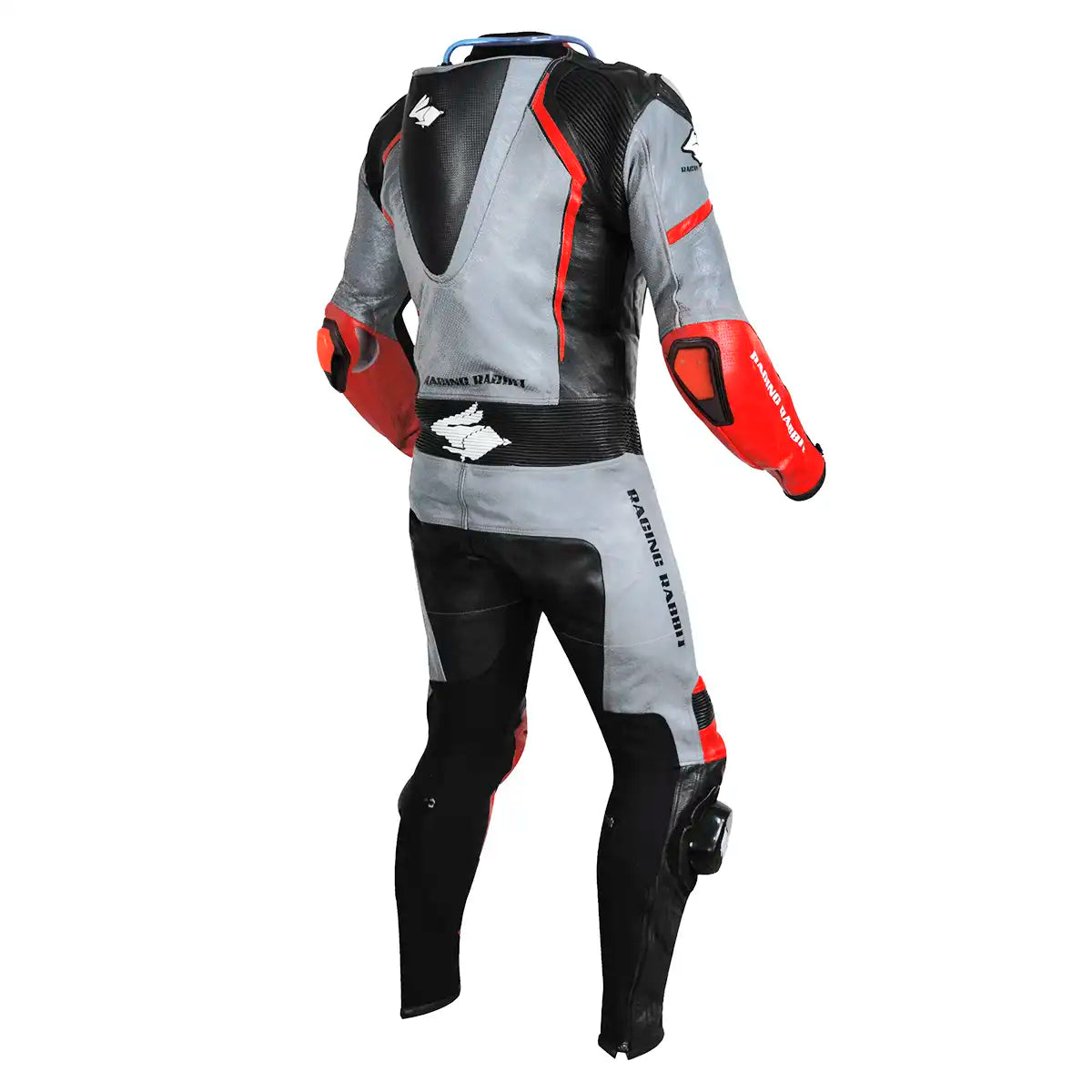 Macacao Motociclista Racing Rabbit Razor Esportivo em Couro Ventilado com Proteções Moto Racing Speed 1 peça, prateado e vermelho, masculino.