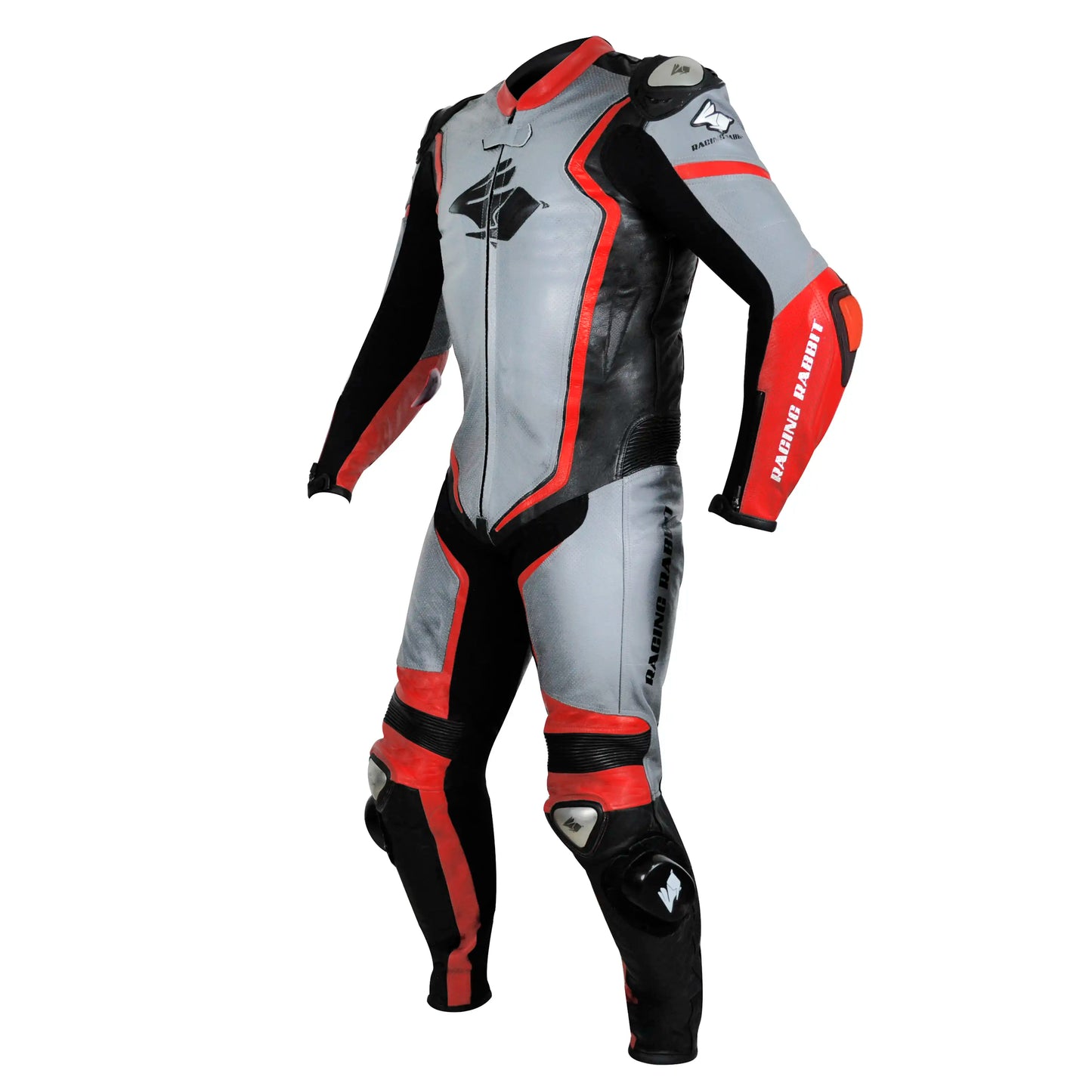 Macacao Motociclista Racing Rabbit Razor Esportivo em Couro Ventilado com Proteções Moto Racing Speed 1 peça, prateado e vermelho, masculino.