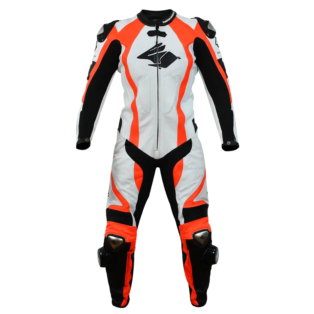 Macacao Motociclista Racing Rabbit Energy Esportivo em Couro Ventilado com Proteções Moto Racing Speed 1 peça, branco e laranja, masculino.