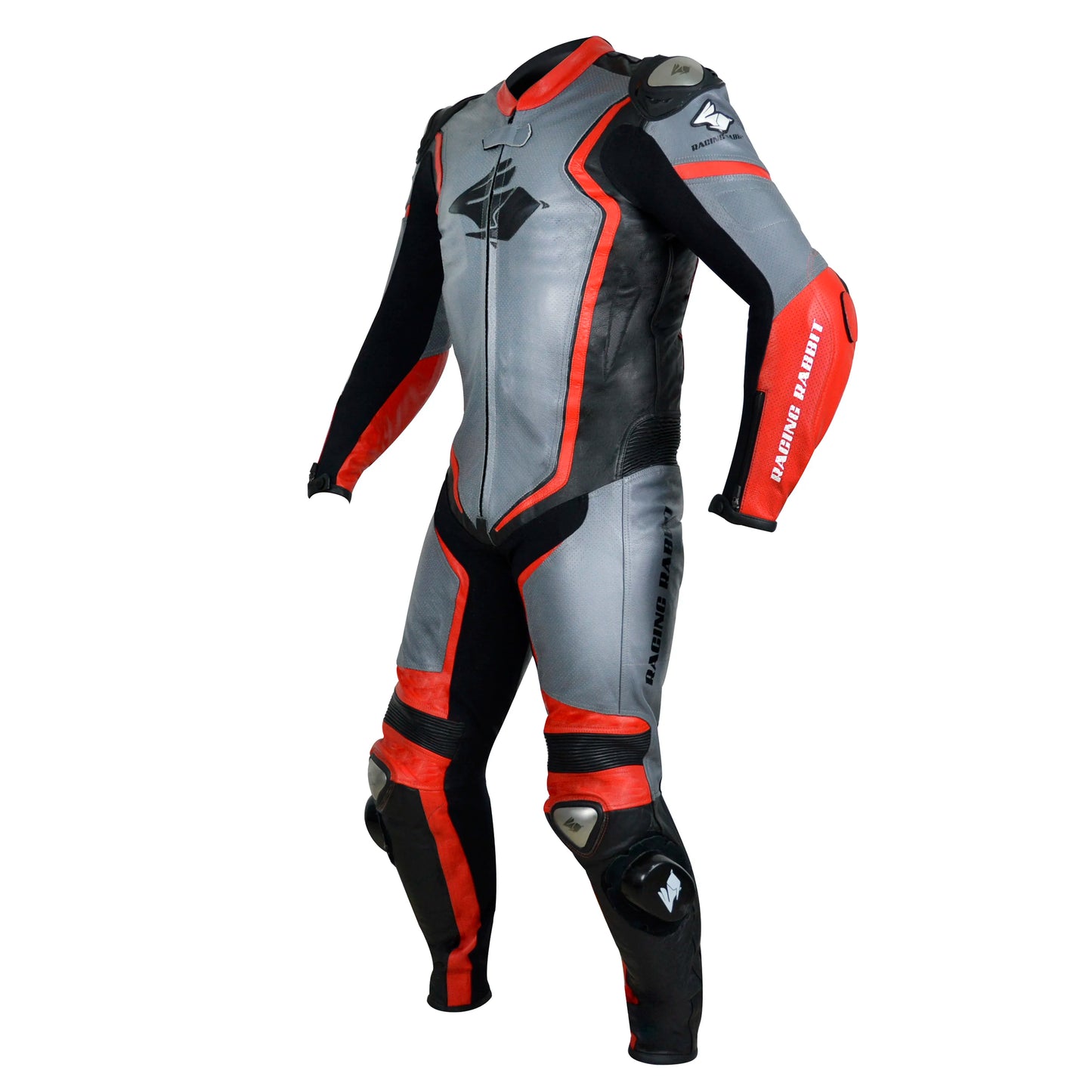 Macacao Motociclista Racing Rabbit Razor Esportivo em Couro Ventilado com Proteções Moto Racing Speed 1 peça, prateado e vermelho, masculino.