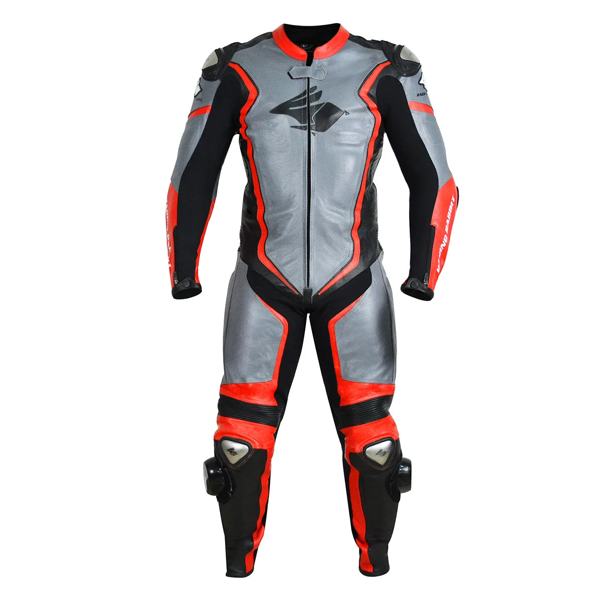 Macacao Motociclista Racing Rabbit Razor Esportivo em Couro Ventilado com Proteções Moto Racing Speed 1 peça, prateado e vermelho, masculino.
