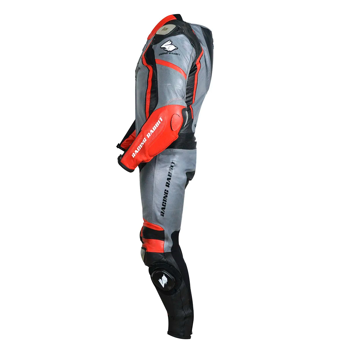 Macacao Motociclista Racing Rabbit Razor Esportivo em Couro Ventilado com Proteções Moto Racing Speed 1 peça, prateado e vermelho, masculino.