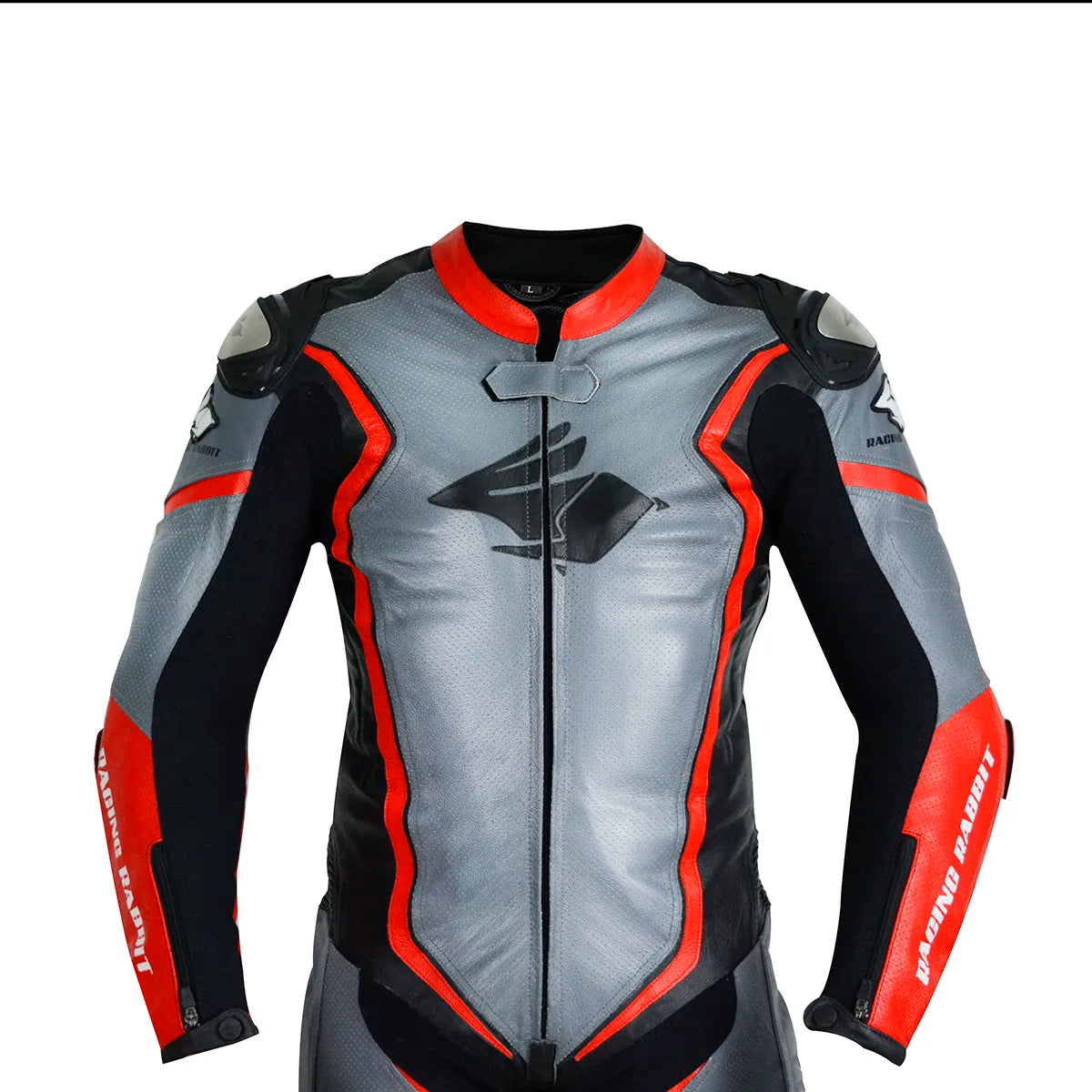Macacao Motociclista Racing Rabbit Razor Esportivo em Couro Ventilado com Proteções Moto Racing Speed 1 peça, prateado e vermelho, masculino.