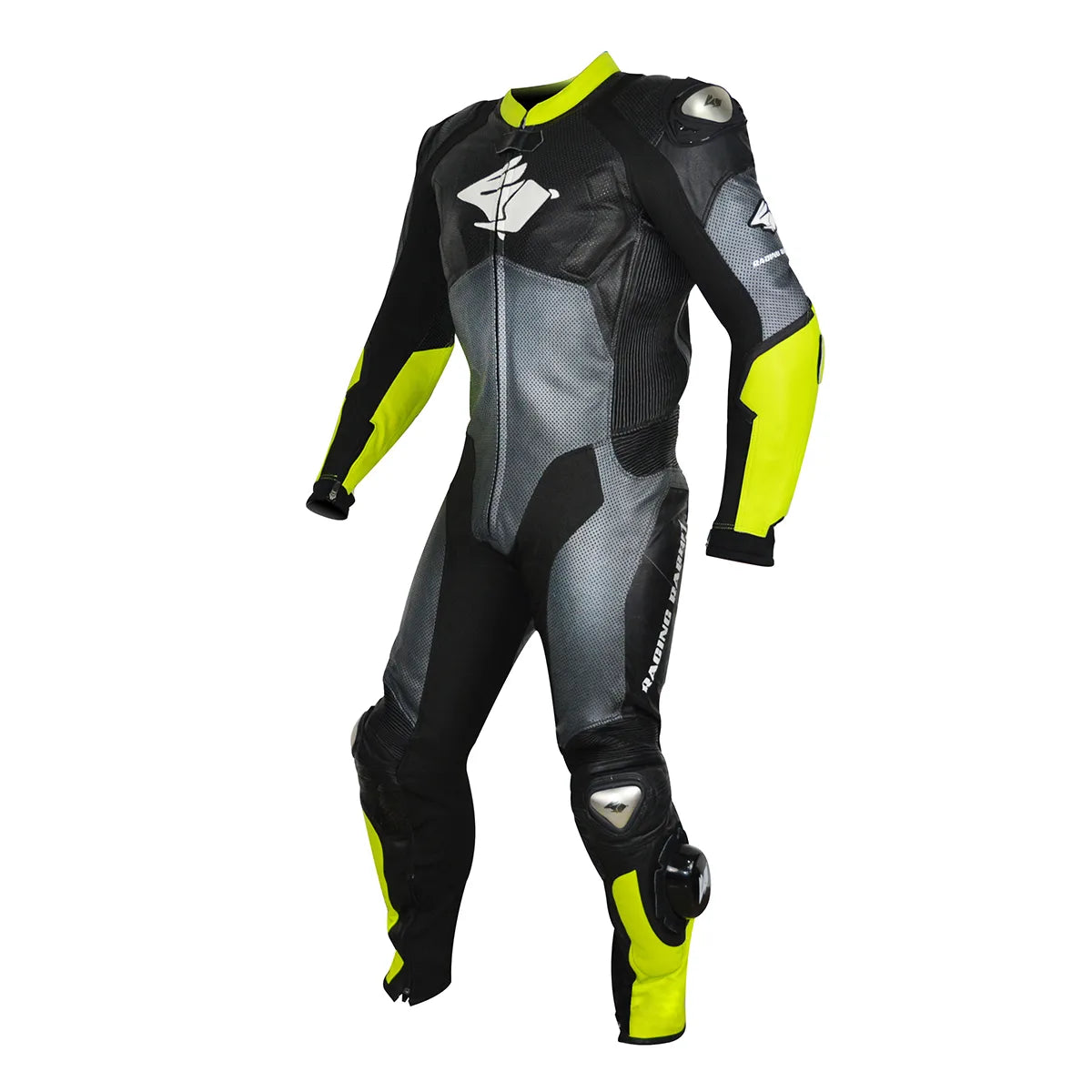Macacao Motociclista Racing Rabbit Rush Esportivo em Couro Ventilado com Proteções Moto Racing Speed 1 peça, prateado e amarelo, masculino.