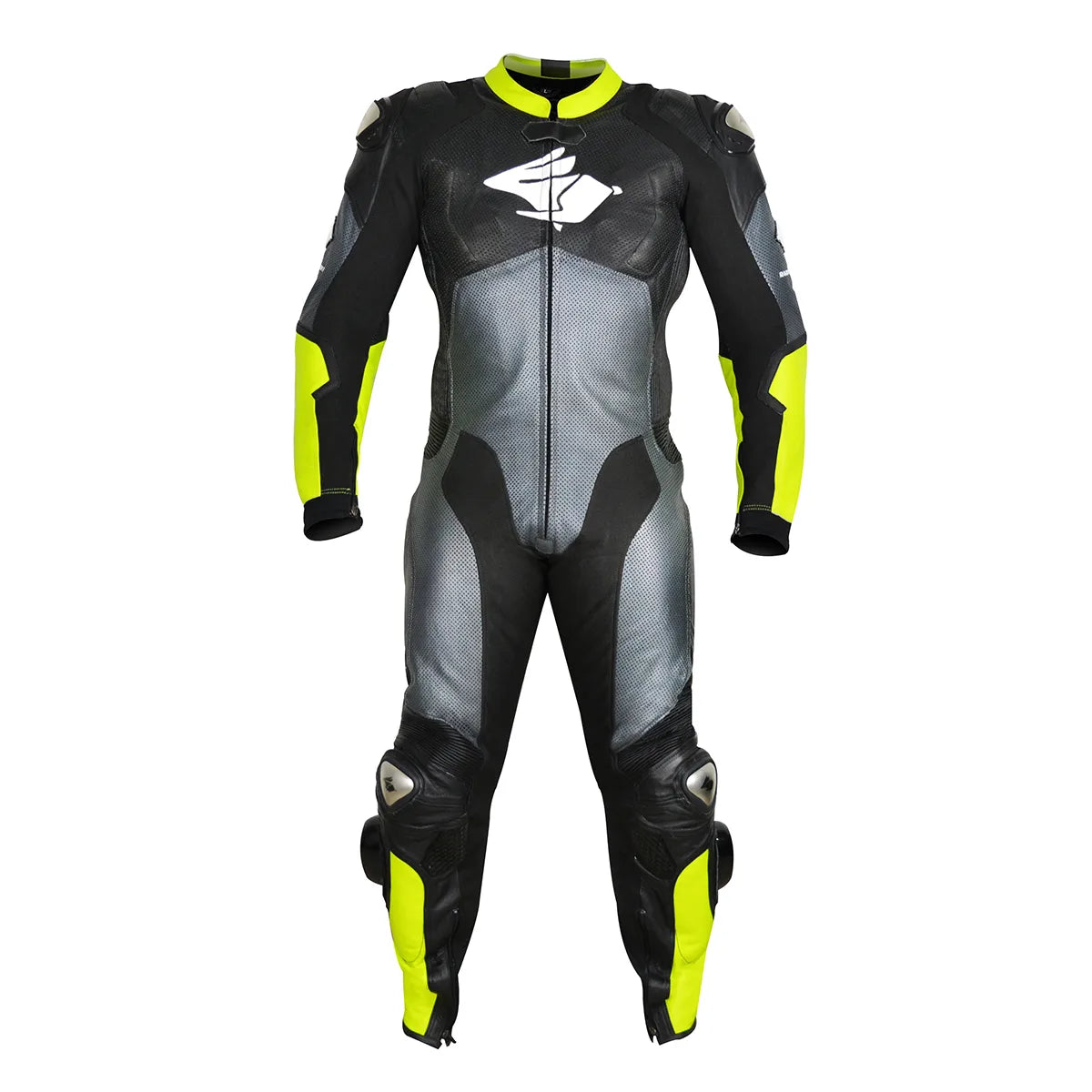 Macacao Motociclista Racing Rabbit Rush Esportivo em Couro Ventilado com Proteções Moto Racing Speed 1 peça, prateado e amarelo, masculino.