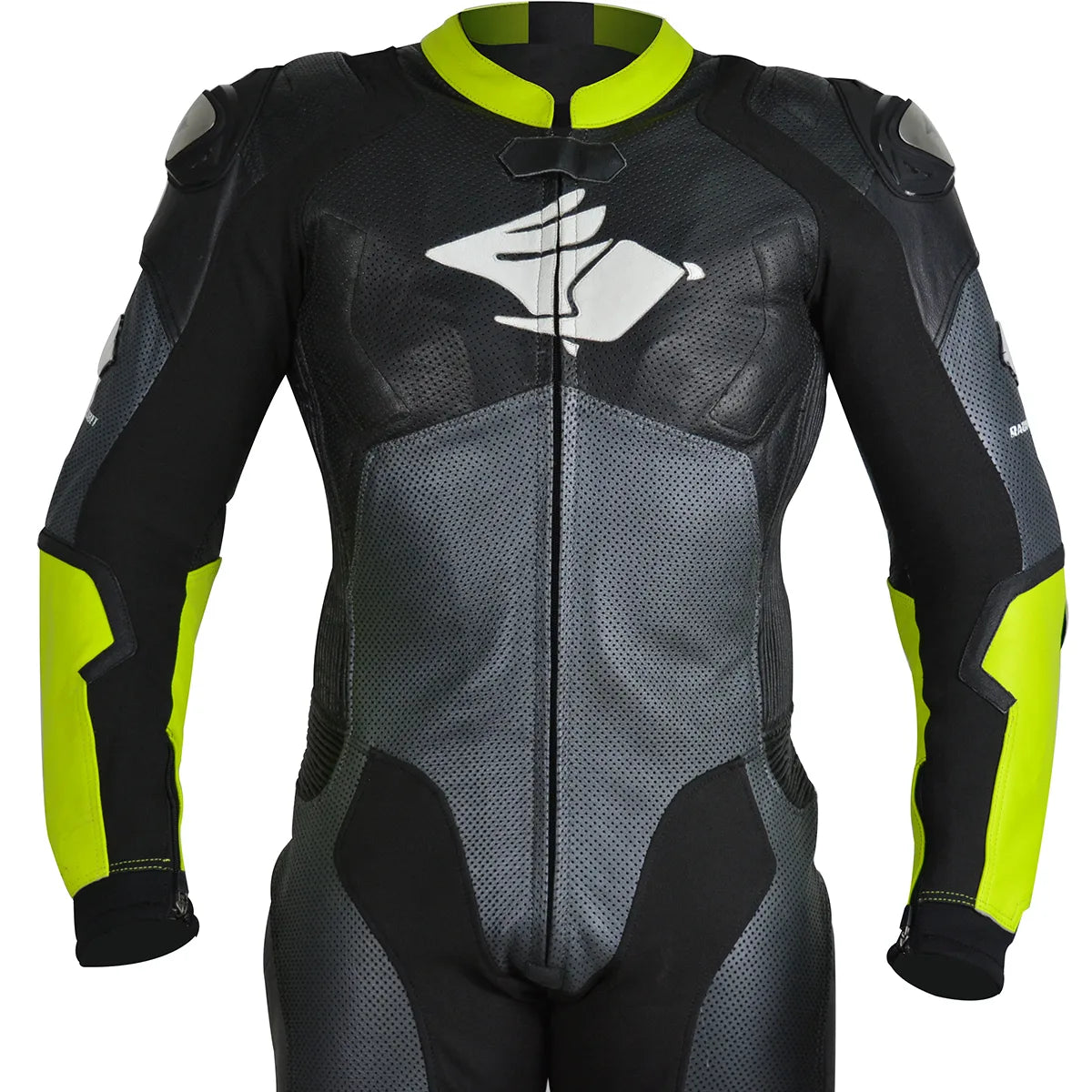 Macacao Motociclista Racing Rabbit Rush Esportivo em Couro Ventilado com Proteções Moto Racing Speed 1 peça, prateado e amarelo, masculino.